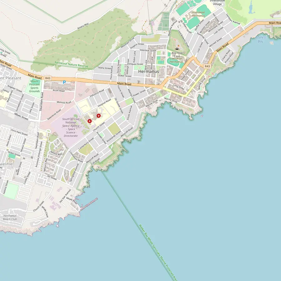 Map of central Hermanus with the New Harbour, Dreunkrans, Gearing's Point and the Old Harbour
