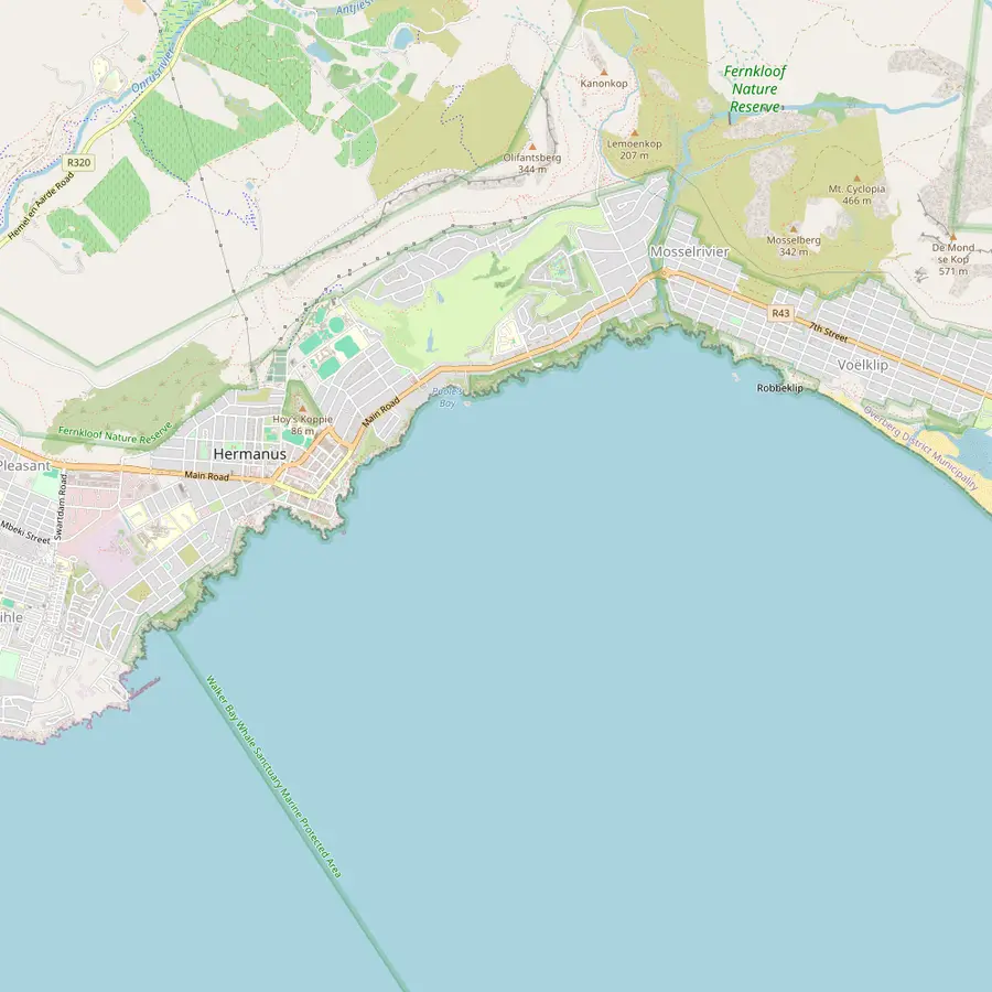 Map of Hermanus with the Cliff Path from the New Harbour to Grotto Beach